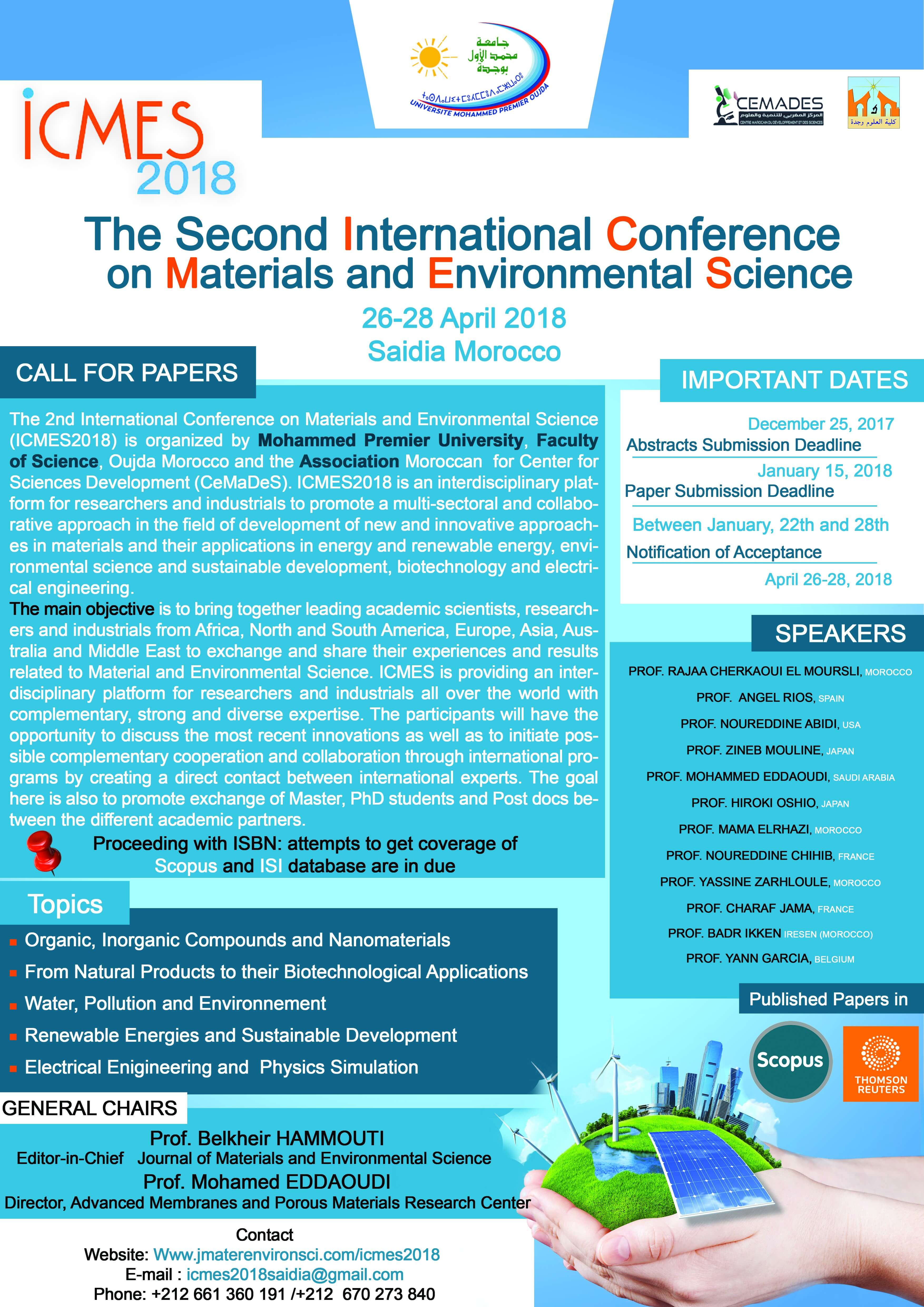 Colloque International sur les Sciences des  Matériaux et Environnement - Deuxième édition