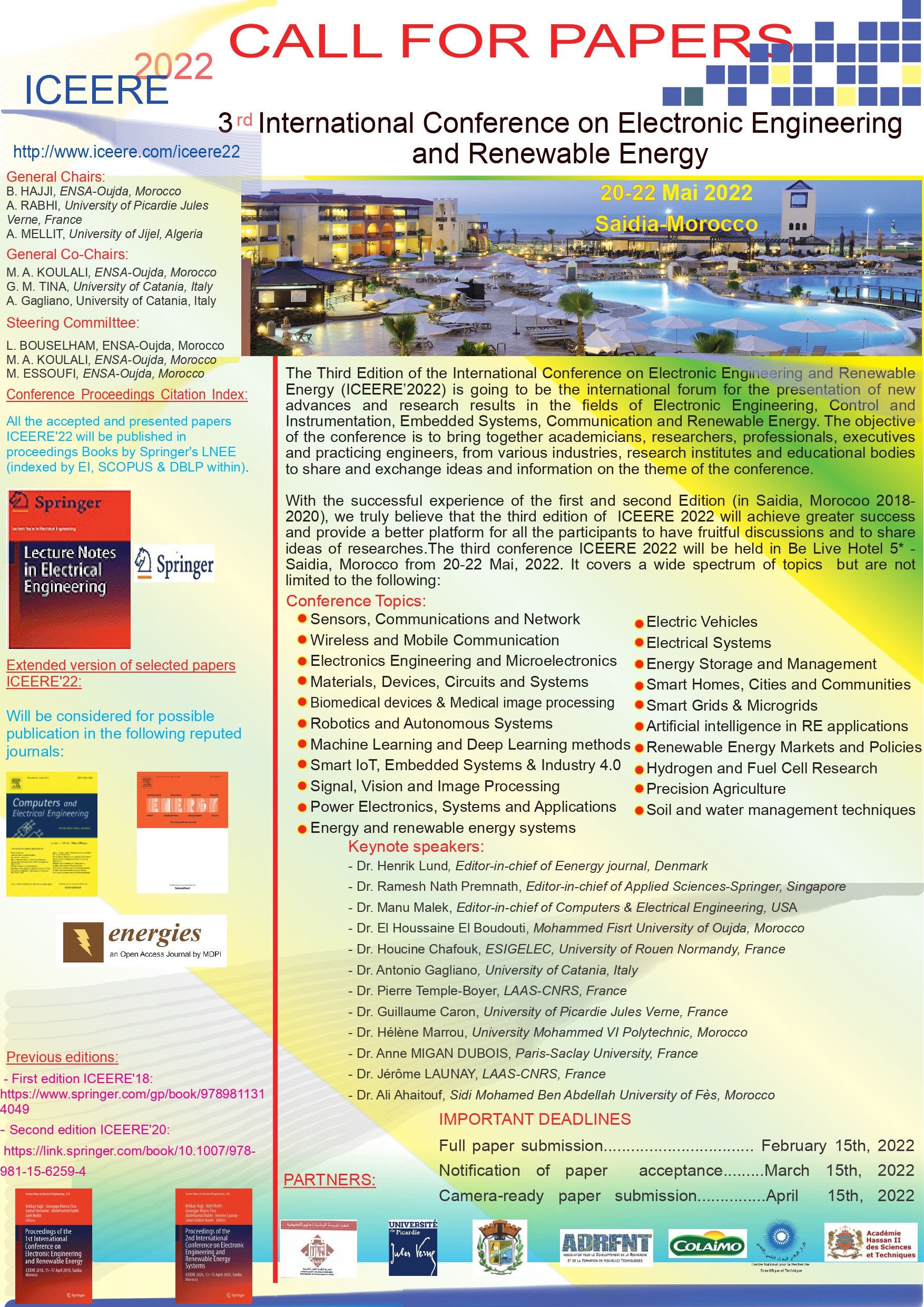 ICEERE’22  3nd International Conference on Electronic Engineering and Renewable Energy Systems  Springer  & Elsevier Conference